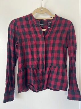 Madewell Red and Black Buffalo Plaid Peplum Button Top